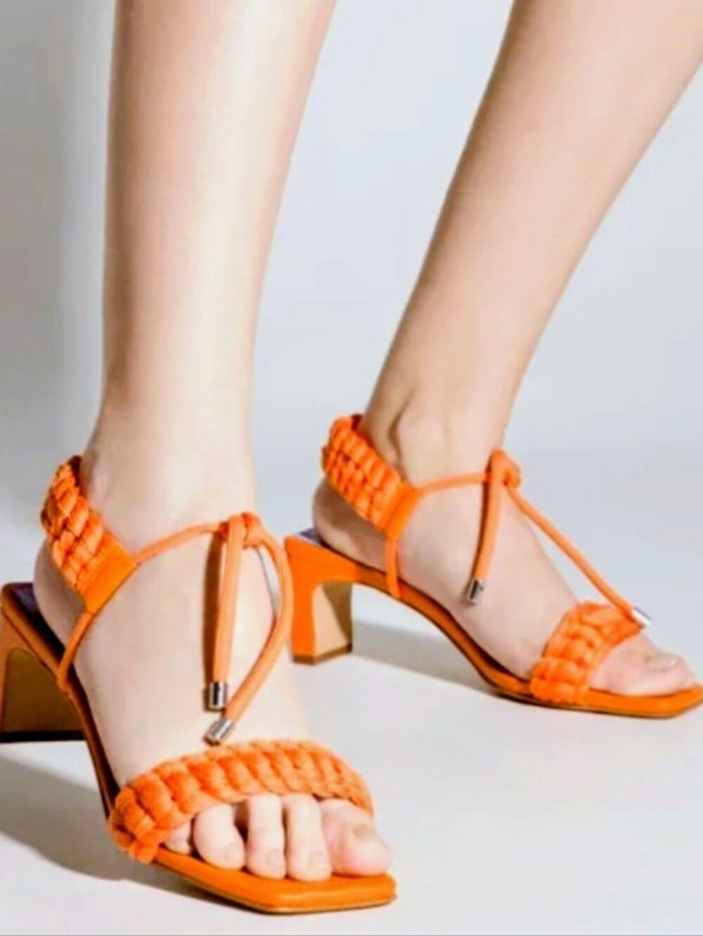 SCHUTZ NIB Blair Orange Leather Braided Strap Ankle Tie 2 1/2” Thin Block Heel - Picture 5 of 15